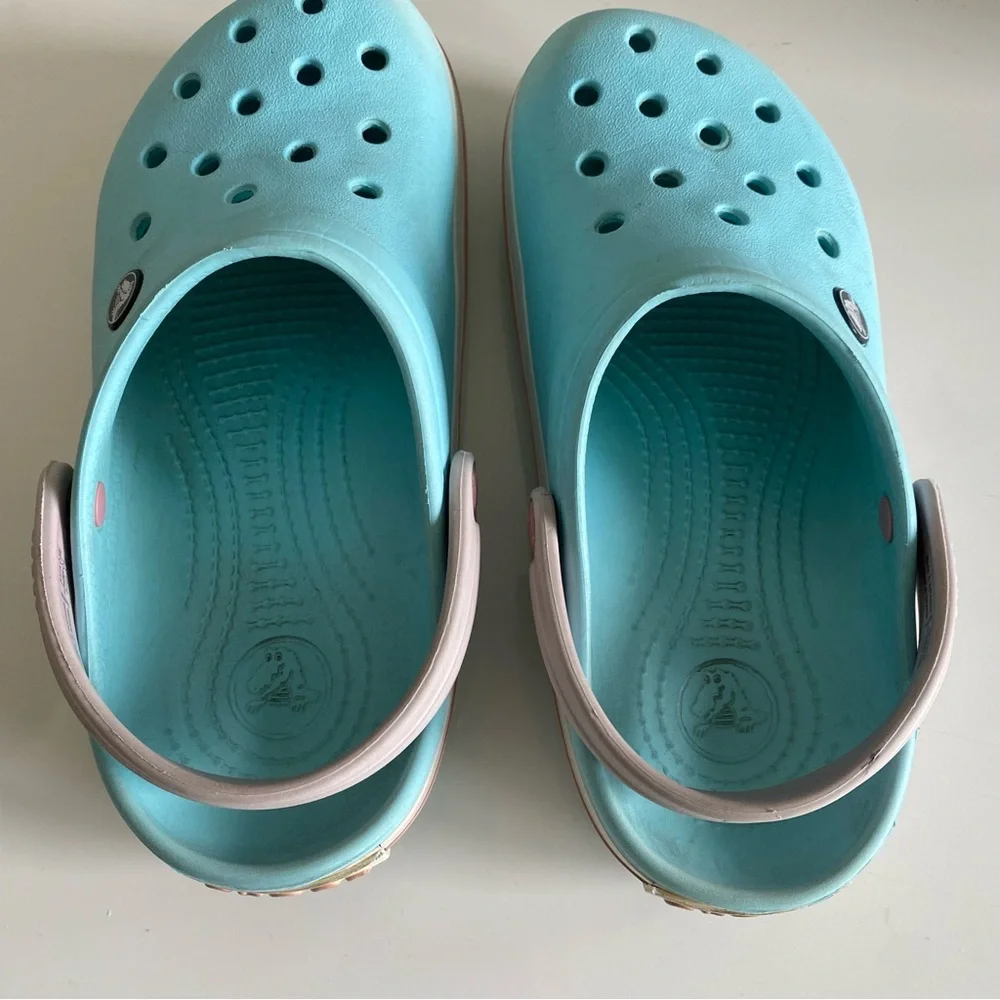 CROCS Kids Aqua Blue Clogs with Pale Pink Trim